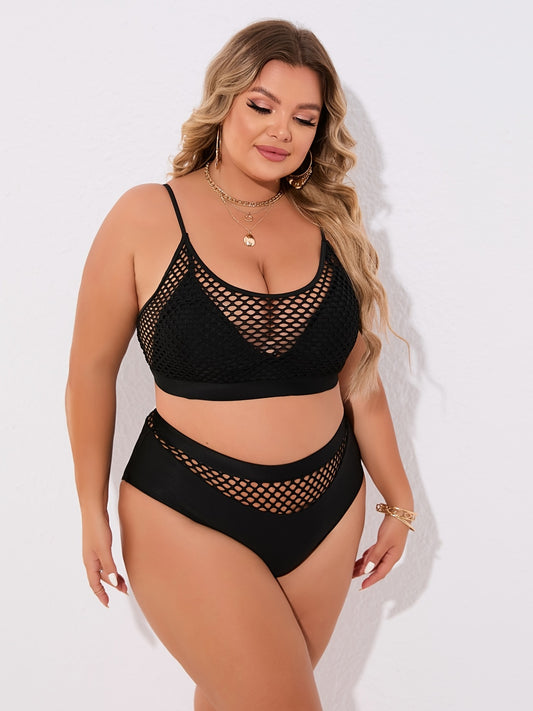 Plus Size Casual Bikini Set, Women's Plus Solid Contrast Fishnet Hollow Out High Stretch Crop Tank Top & Underwear Swimsuit Two Piece Set