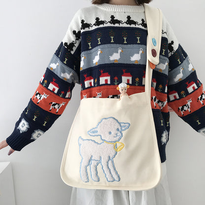Sheep embroidery wild college style bag