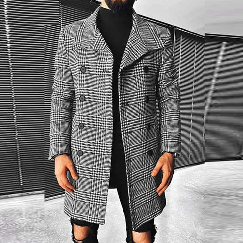 Plaid Double Breasted Lapel Coat Mid Length Coat