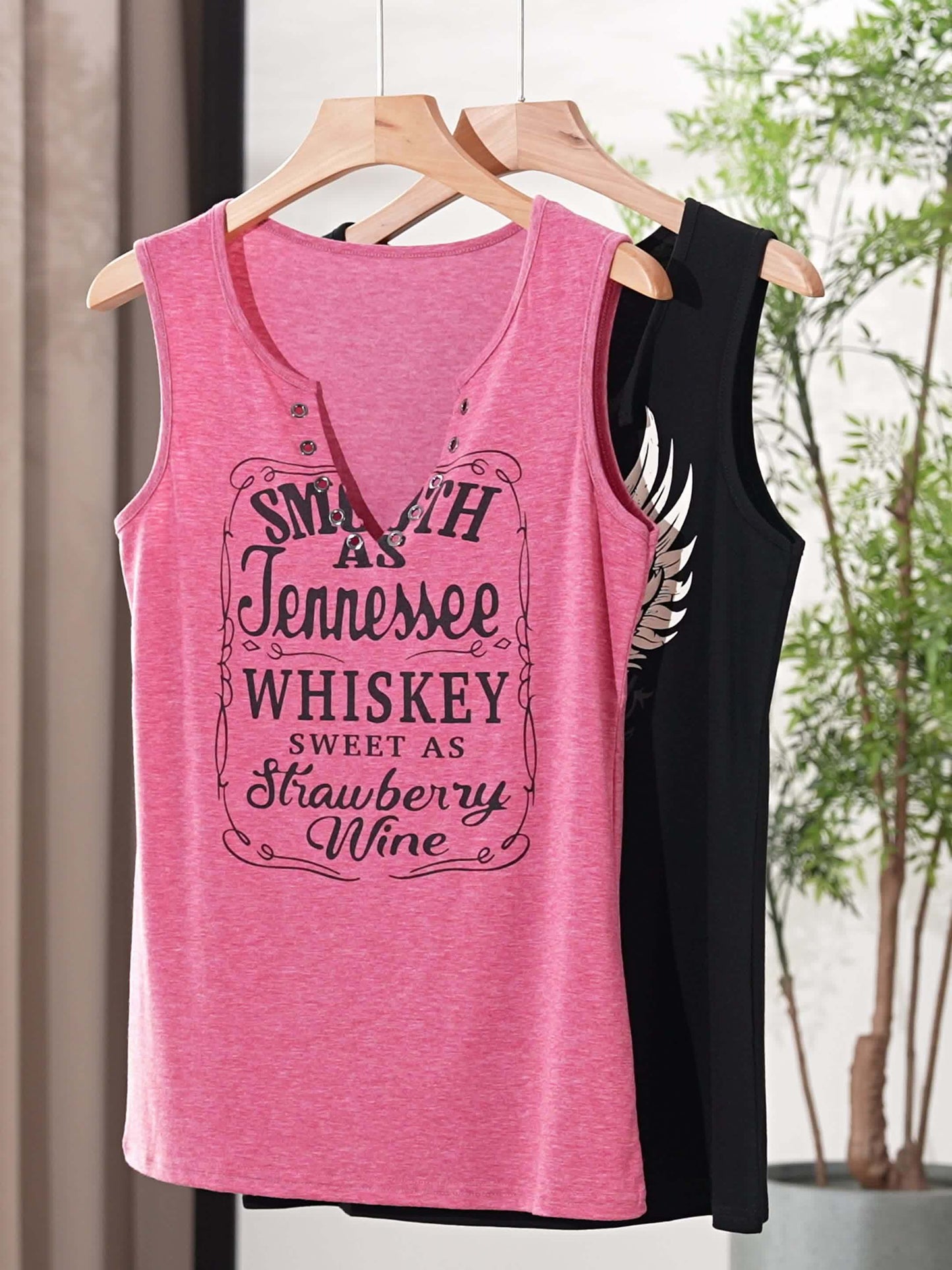 Smooth As Tennessee Whiskey Sweet As Strawberry Wine Women's Tank Top - Soft Pink Sleeveless V-Neck Casual Shirt with Bold Letter Print, Thick Strap Country Music Style, Machine Washable All-Season Wear, Festive Concert Attir