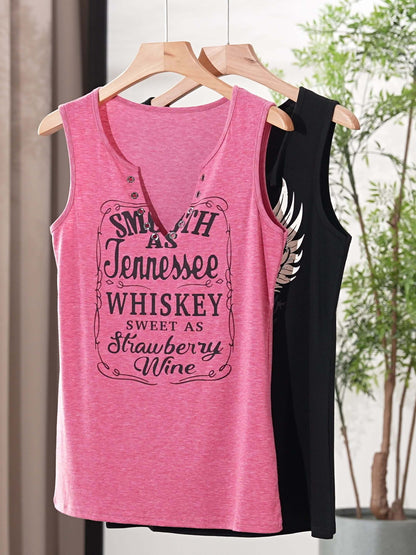 Smooth As Tennessee Whiskey Sweet As Strawberry Wine Women's Tank Top - Soft Pink Sleeveless V-Neck Casual Shirt with Bold Letter Print, Thick Strap Country Music Style, Machine Washable All-Season Wear, Festive Concert Attir