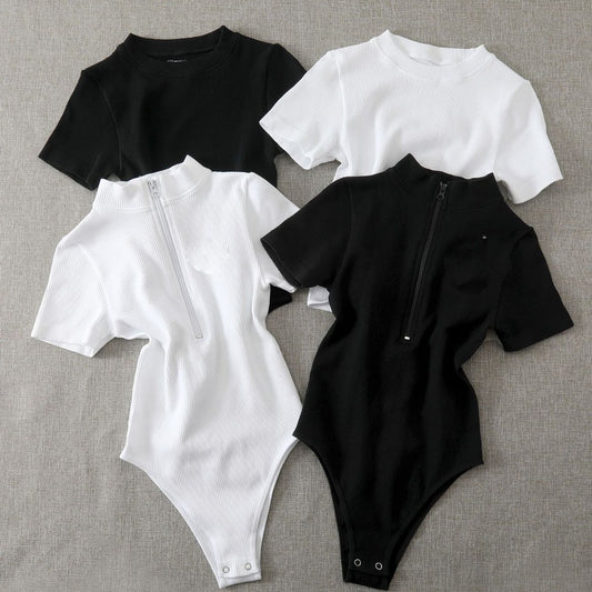 Ribbed Short-sleeve Tight-fitting High-stretch Turtleneck Zip-up Bodysuit