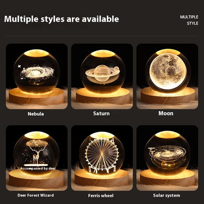 3D Crystal Ball Night Light - USB Powered Projection Lamp with Wooden Base | Moon, Ferris Wheel & Forest Designs