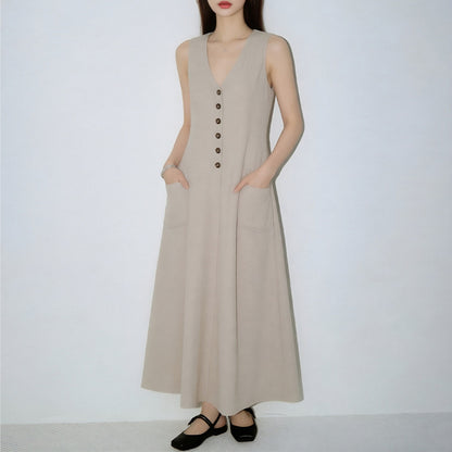 Women's Stylish & Elegant Solid-Color V-Neck Button-Up Dress