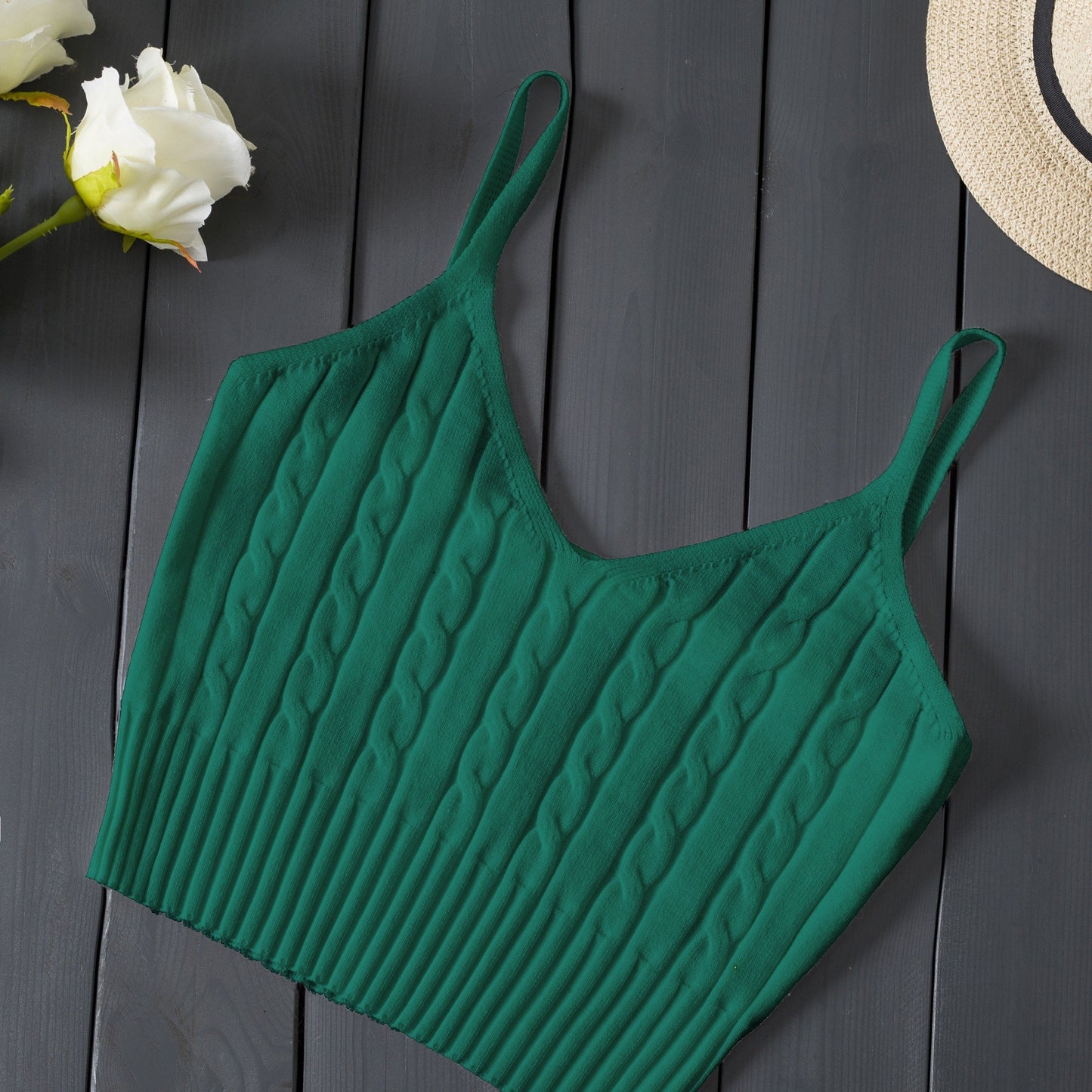 Valentine's Day Knitted Cami Crop Top, Versatile Sleeveless Casual Top For Spring & Summer, Women's Clothing