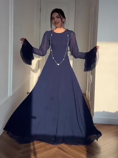 Navy Blue Trumpet Sleeve Tie Maxi Dress