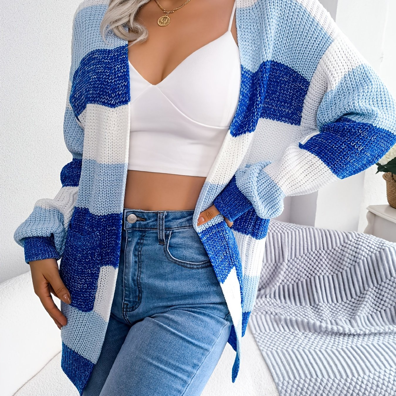Vibrant Striped V-Neck Knit Cardigan - Soft High-Elasticity Acrylic Fabric, Casual Loose Fit, Drop Shoulder, Long Sleeve, Hand Wash Only, Perfect for Winter - Womens Casual Clothing for Everyday Wear