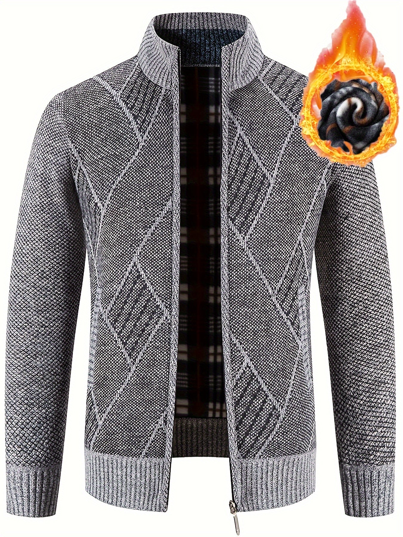 Mens Diamond Plaid Cardigan - Stylish Casual with Refined Stand Collar - Luxuriously Plush & Cozy Warm Knit Zip Up - Eye-Catching Design