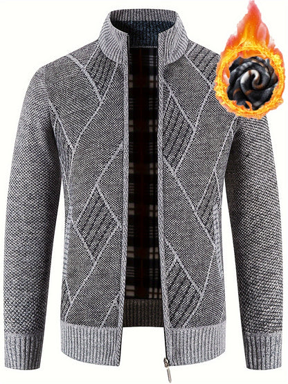 Mens Diamond Plaid Cardigan - Stylish Casual with Refined Stand Collar - Luxuriously Plush & Cozy Warm Knit Zip Up - Eye-Catching Design