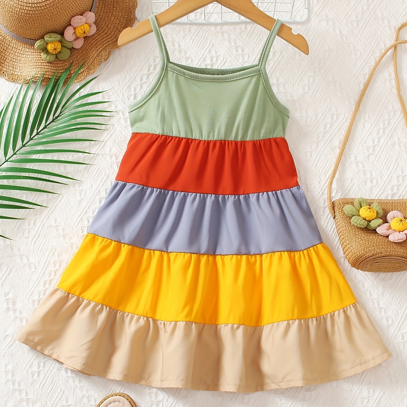 Girls' Spaghetti Strap Color-Blocked Rainbow Cake Dress - Perfect for Outdoor Occasions.