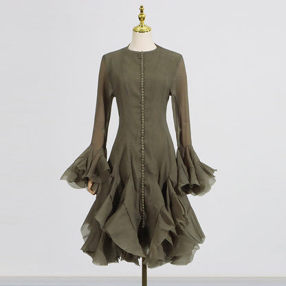 New Fashion High Collar Long Sleeve High Sense Cinched Mid-length Dress