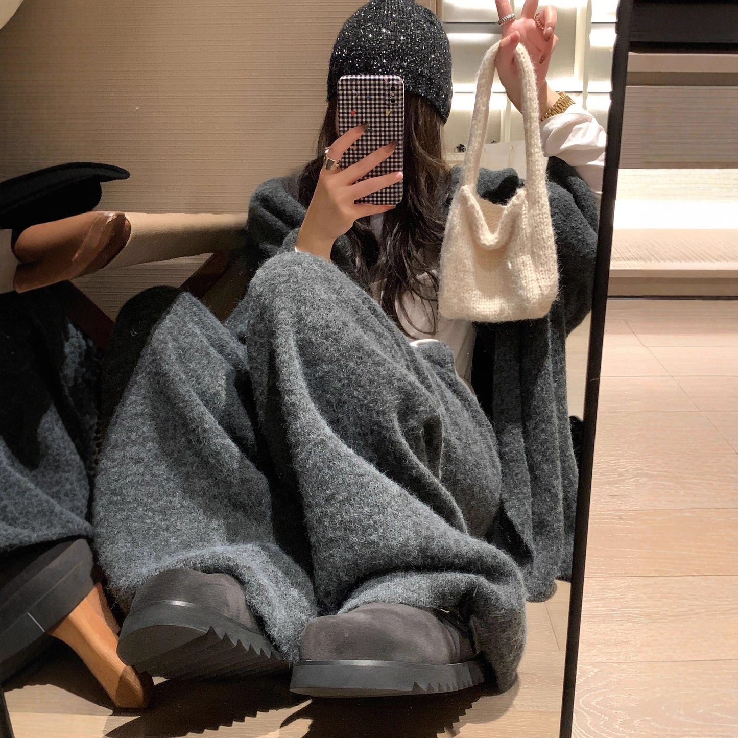 Knitted Women's Loose Sweater Cardigan Wide Leg Pants Two-piece Set