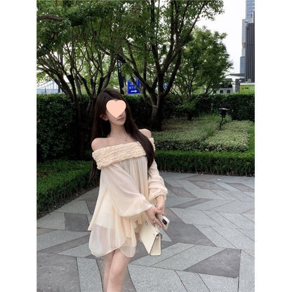 Off-shoulder Long Sleeve Chiffon Shirt Loose Mid-length Thin Top