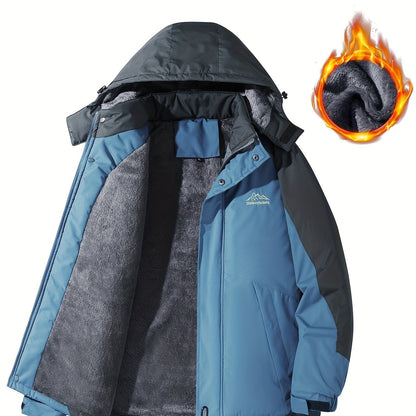 Men's Casual Color Block Thick Hooded Jacket, Waterproof Windproof Single-layer Fleece Jacket For Fall Winter Jacket Gifts Best Sellers