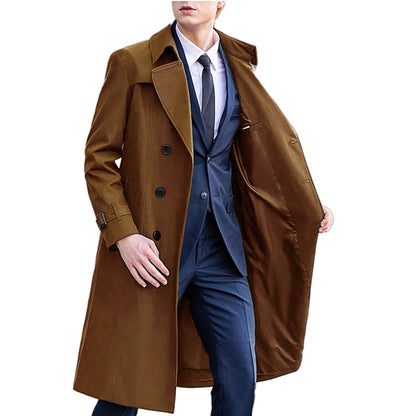 Premium Men's Long Trench Coat - Classic Solid Color Overcoat