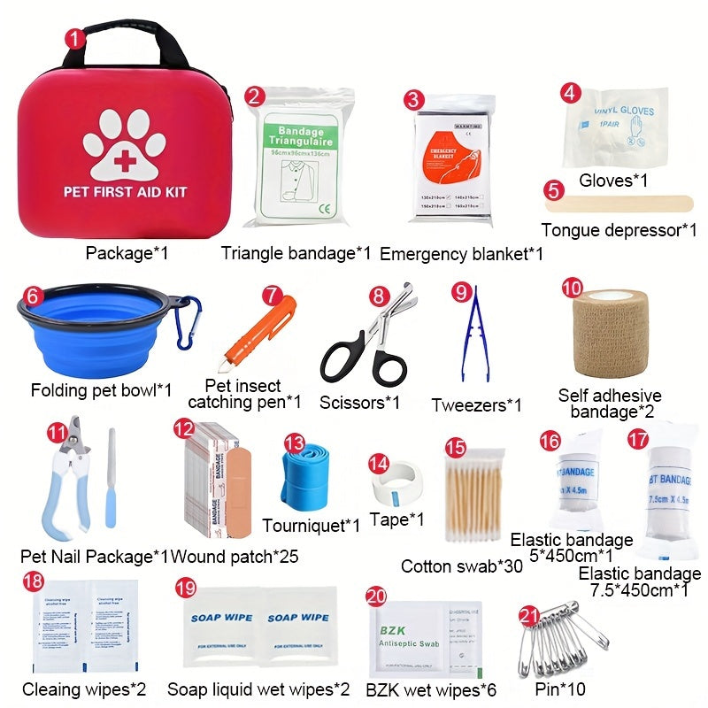 PawPals 90-Piece Portable Pet First Aid Kit for Dogs & Cats - Emergency Travel & Home Pet Care Supplies with Collar, Scissors, Tweezers, Bandages, Antiseptic Wipes & More