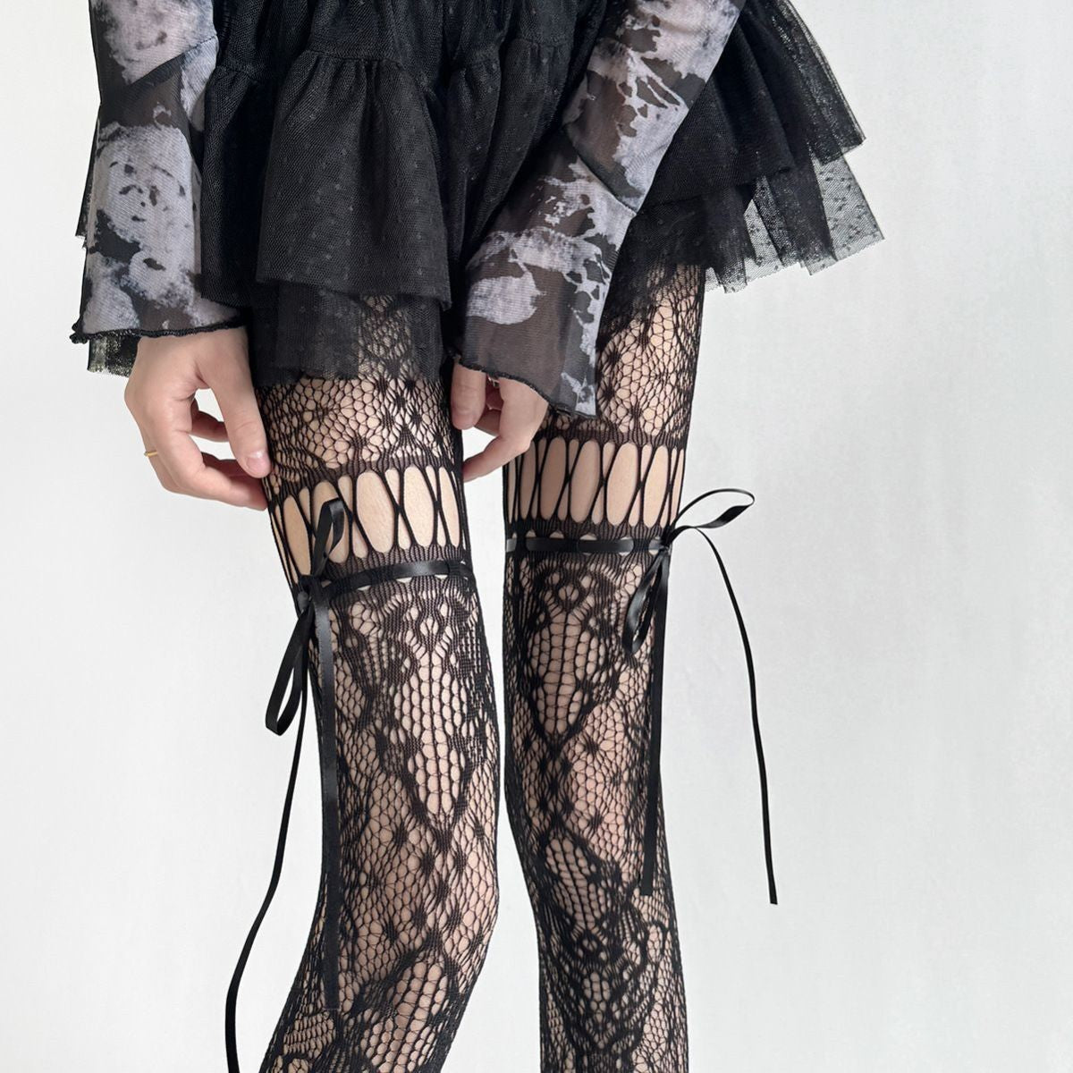 Dark Night Black Ribbon Bow Fishnet Japanese Hollow-out Pantyhose