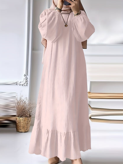 Fashion Solid Color Round Neck Ruffled Long Sleeve Dress