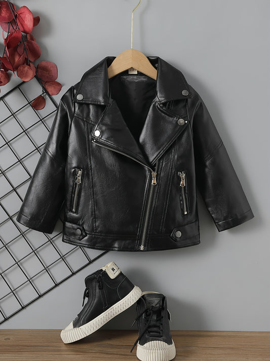 Children's Lapel PU Leather Jacket Zipper Coat Top For Girls And Boys Kids Clothes