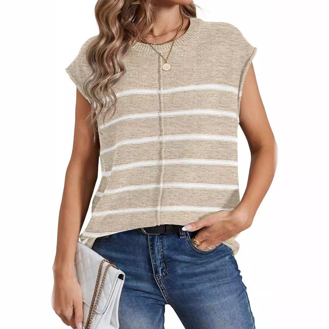 Vest Sleeveless Pullover Striped Seam Bone Stitching Casual Women's Top