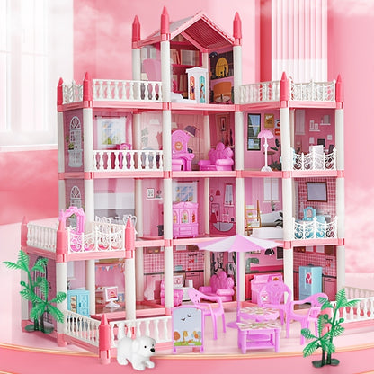 Pink Dollhouse for Girls - 11 Room DIY Pretend Play Toy House with Furniture