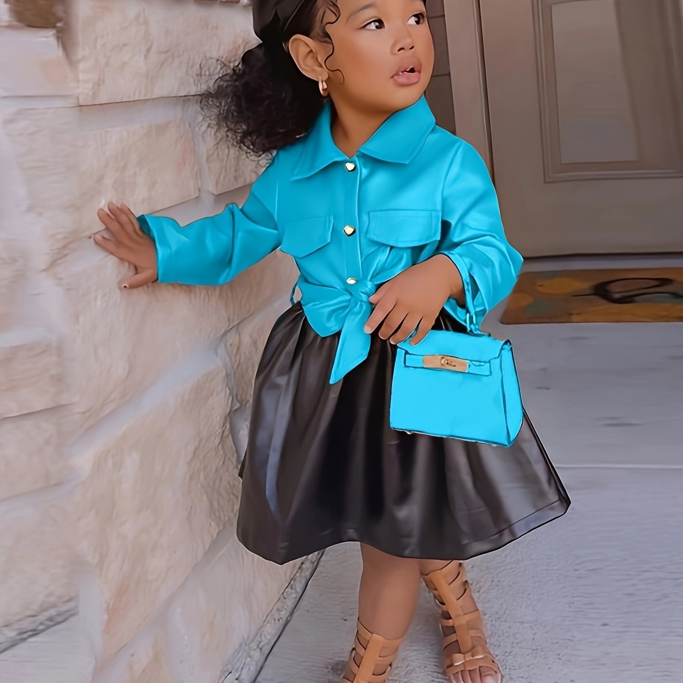 Vibrant Color Block PU Leather Dress for Girls - Stylish Button Lapel Design, Adjustable Belt, and Comfortable Fit for Kids' Everyday Wear