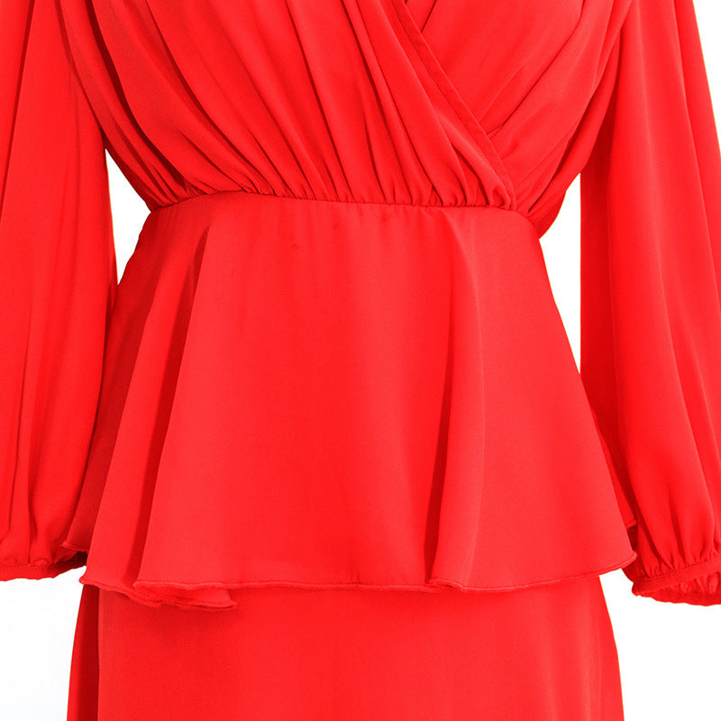 Fashion V-neck High Waist Mid-length Dress Lady Style Skirt