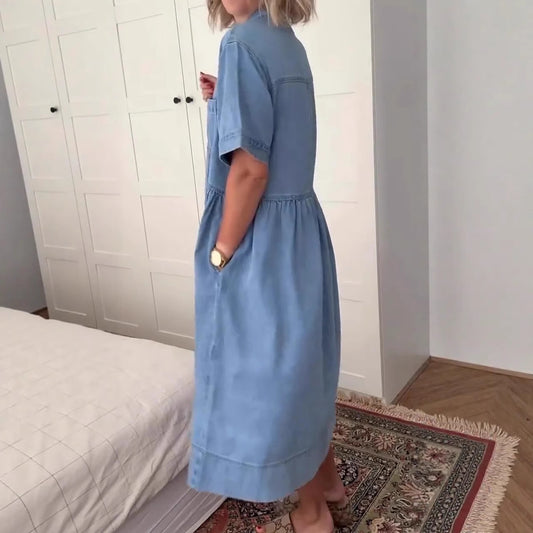 Fashionable Women's Turn-down Collar Denim Skirt With Pockets