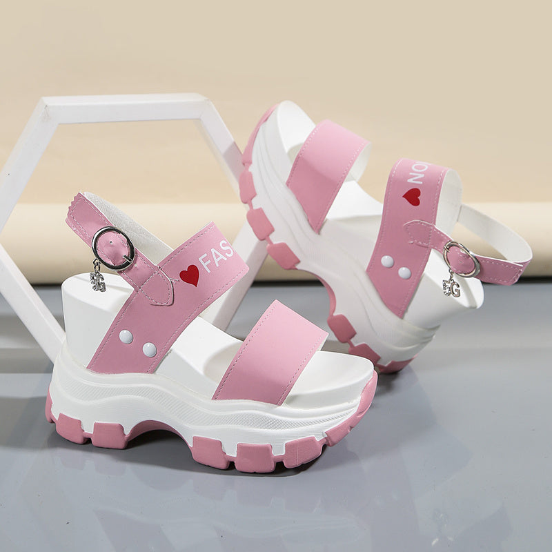 Women's Platform Wedge Sandals - Open Toe Ankle Strap Heels with Metal Buckle