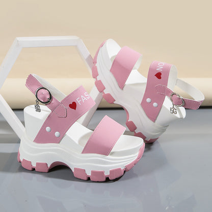 Women's Platform Wedge Sandals - Open Toe Ankle Strap Heels with Metal Buckle