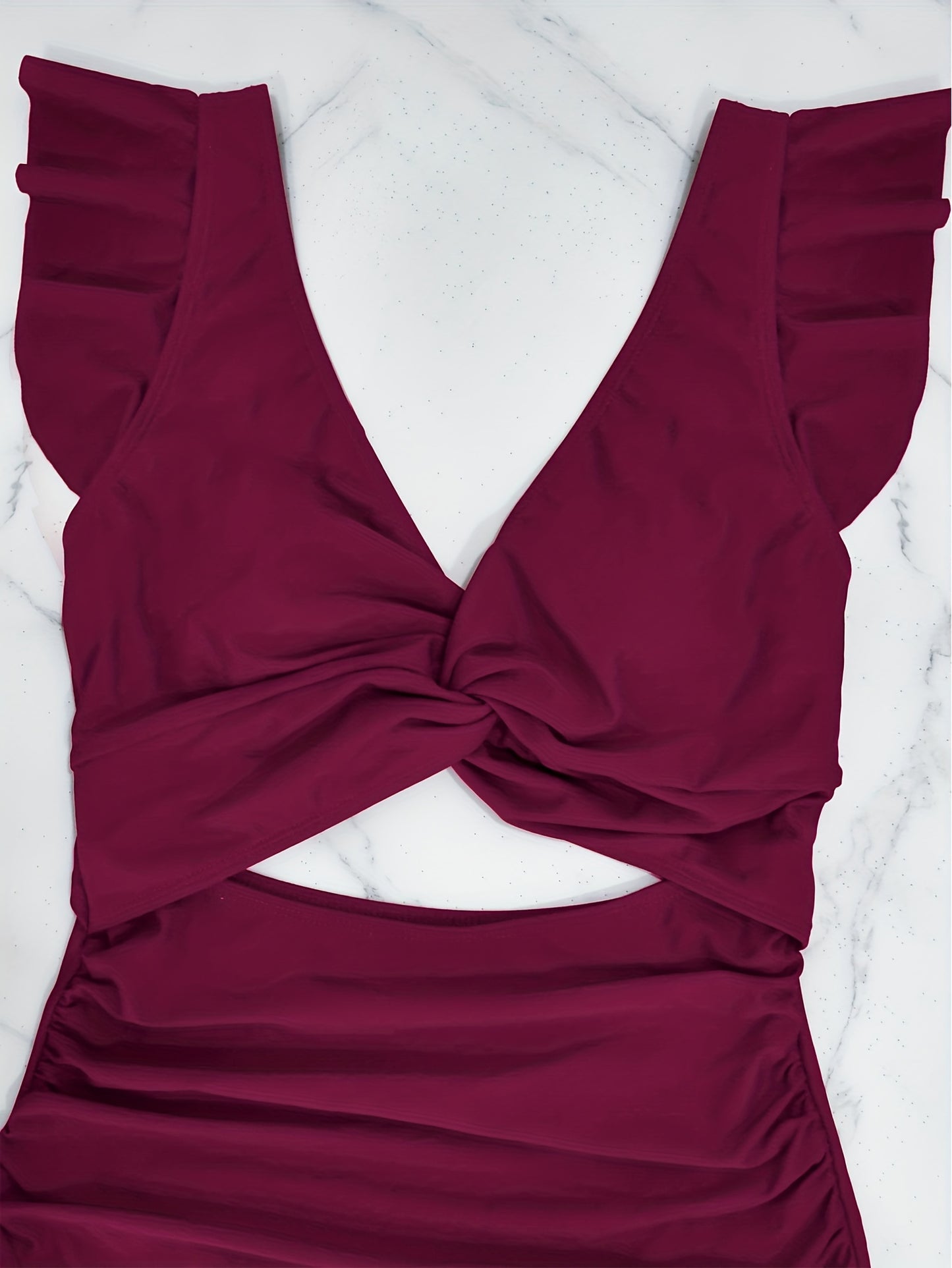 V Neck Ruched One Piece Swimsuit with Flattering Ruffle Accent - Stylish Cut Out Back Buckle Detail & High Cut Leg - Premium Womens Swimwear Bathing Suit