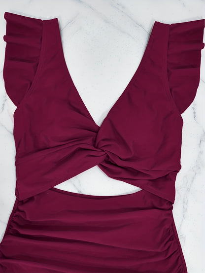V Neck Ruched One Piece Swimsuit with Flattering Ruffle Accent - Stylish Cut Out Back Buckle Detail & High Cut Leg - Premium Womens Swimwear Bathing Suit