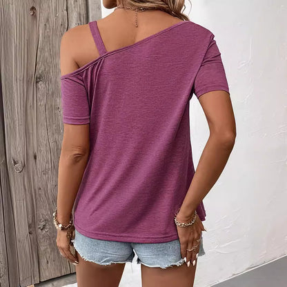 Asymmetrical Off-the-Shoulder Loose Short-Sleeve Top With A Single Metal Button