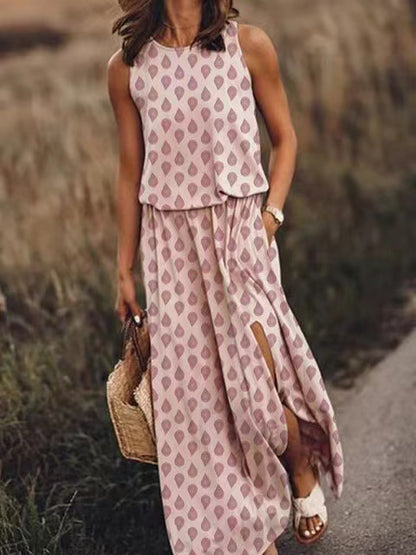 Women's Round Neck Sleeveless Split Solid Color Dress