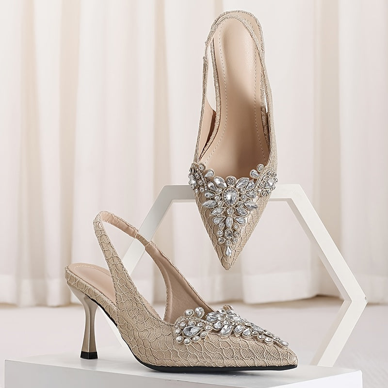 Rhinestone Stiletto Heels - Glamorous Pointed Toe Pumps with Ankle Straps
