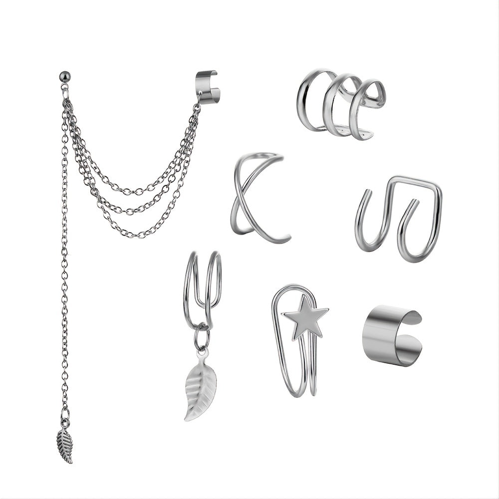 Set Of 7 Trendy Golden Leaf Tassel Earrings With C-shaped Geometric Star Ear Clips