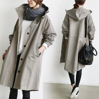 Casual Style Windbreaker Women's Mid-Length Waist Long-Sleeved Jacket