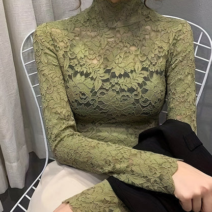 Slim Sexy Long Sleeve Lace Mock Neck Top - Women's Spring & Fall Clothing