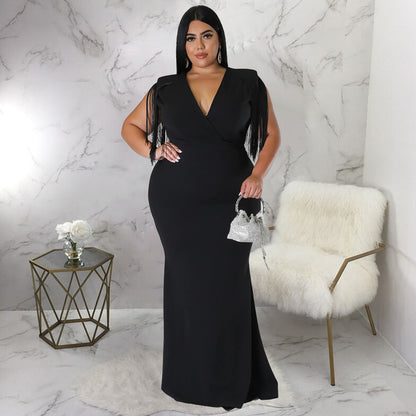 Women's Plus-Size Tassel V-Neck Long-Sleeve Slim-Fit Dress