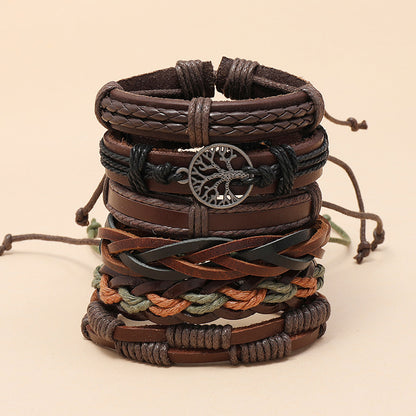 Men's Leather Bracelet Set - 6 Piece Tree of Life Braided Bracelets for Men | Retro Boho Style