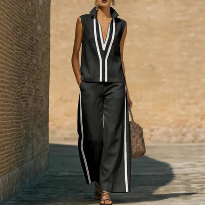 Womens Contrasting-Color Sleeveless Single-Breasted Vest And Drawstring Pants Set