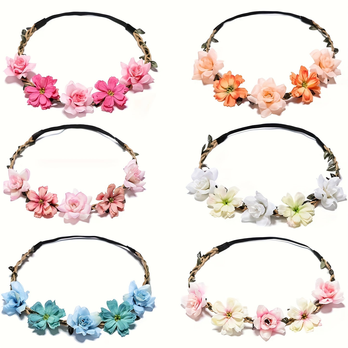Adjustable Floral Garland Headband for Women & Girls - Multicolor Artificial Flower Crown with Soft Pastel Shades, Black Elastic Band & Golden Accents for Weddings, Festivals, Parties, Special Occasion Wear, Elegant Headpiece