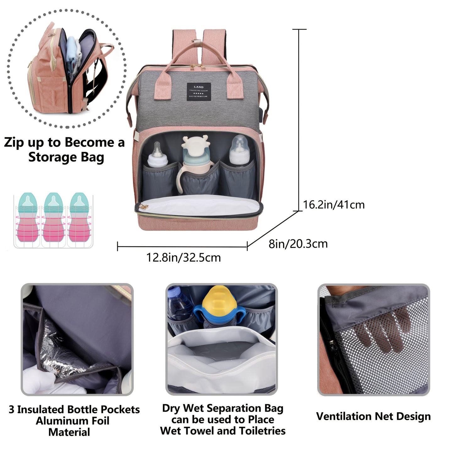 Moire Diaper Bag Backpack, Soft Shell, Multifunctional, Large Capacity, Travel Backpack with Changing Station, Sunshade, Breathable Mosquito Net, Zipper Closure, Mixed Color, Polyester Fiber, with Utility Pocket, for