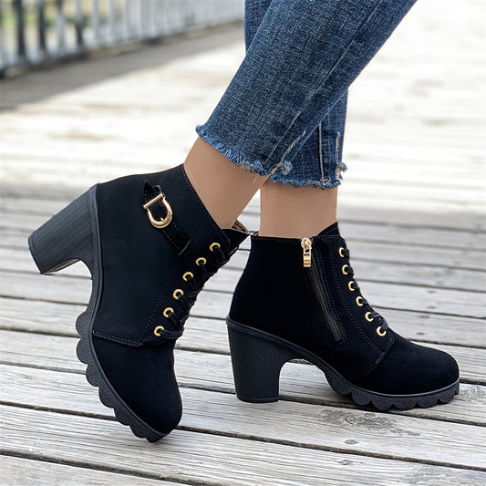 Women's Chunky Heel Ankle Boots - Black Faux Cover Lace-Up Side Zipper Booties with Golden Accents, Cap Toe & Comfortable Block Heel for Casual Outings