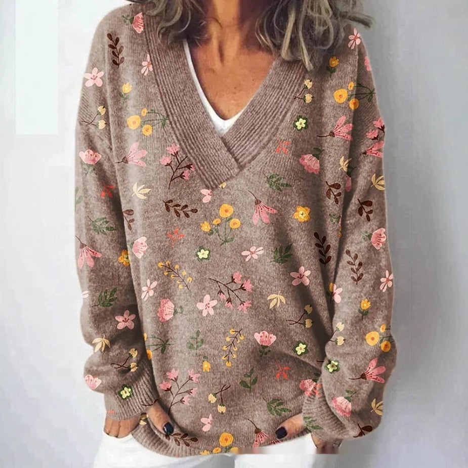 Floral Pattern Printed V-neck Long Sleeve Casual Sweatshirt