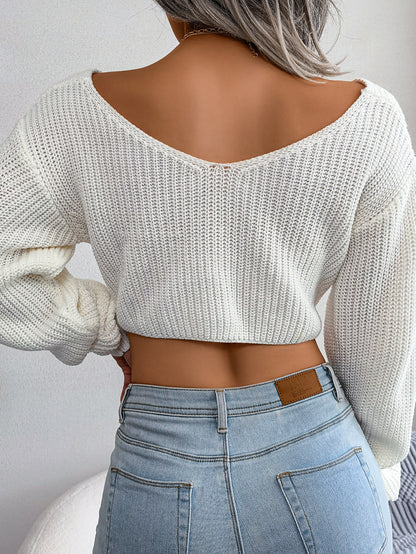 Women Long Sleeve Tie-Front Cropped Knit Sweater