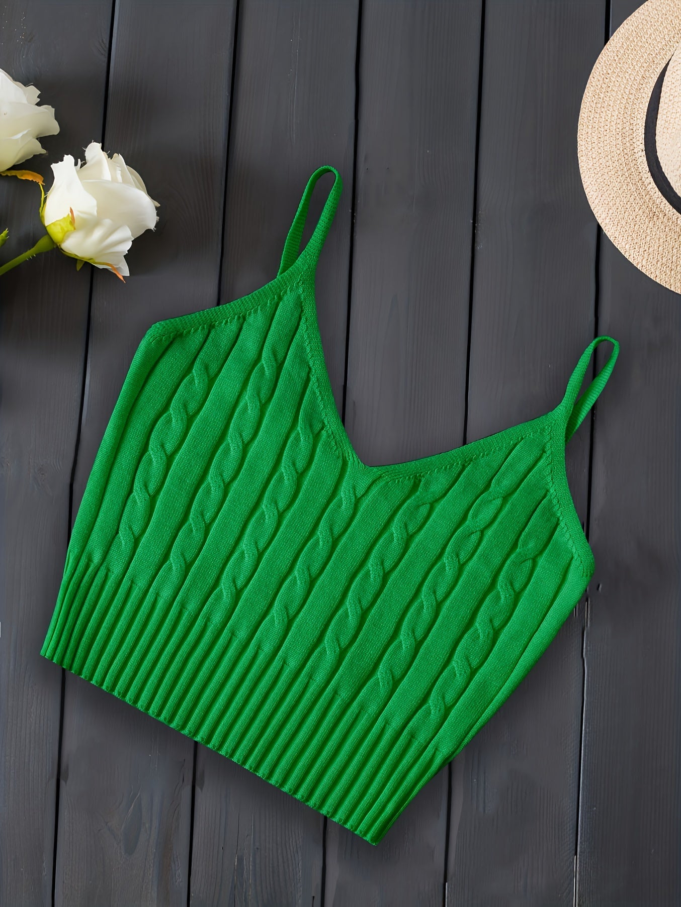 Valentine's Day Knitted Cami Crop Top, Versatile Sleeveless Casual Top For Spring & Summer, Women's Clothing