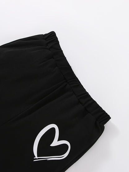 Girls' Fashion Set: Heart Print Round Neck Short Sleeve T-Shirt & Sweatpants 2pcs Casual Cotton Outfit, Perfect for Outdoor