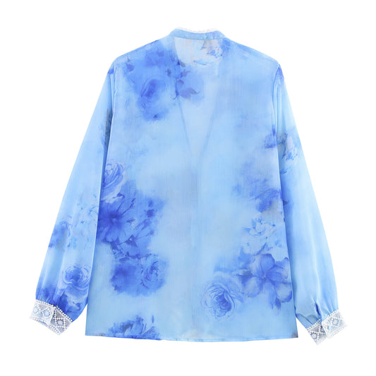 Spring Summer Ethnic Style Floral Print Long Sleeve Blouse