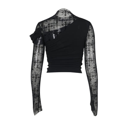 Womens Lace Bodycon Patchwork Hollow Long-Sleeve Top